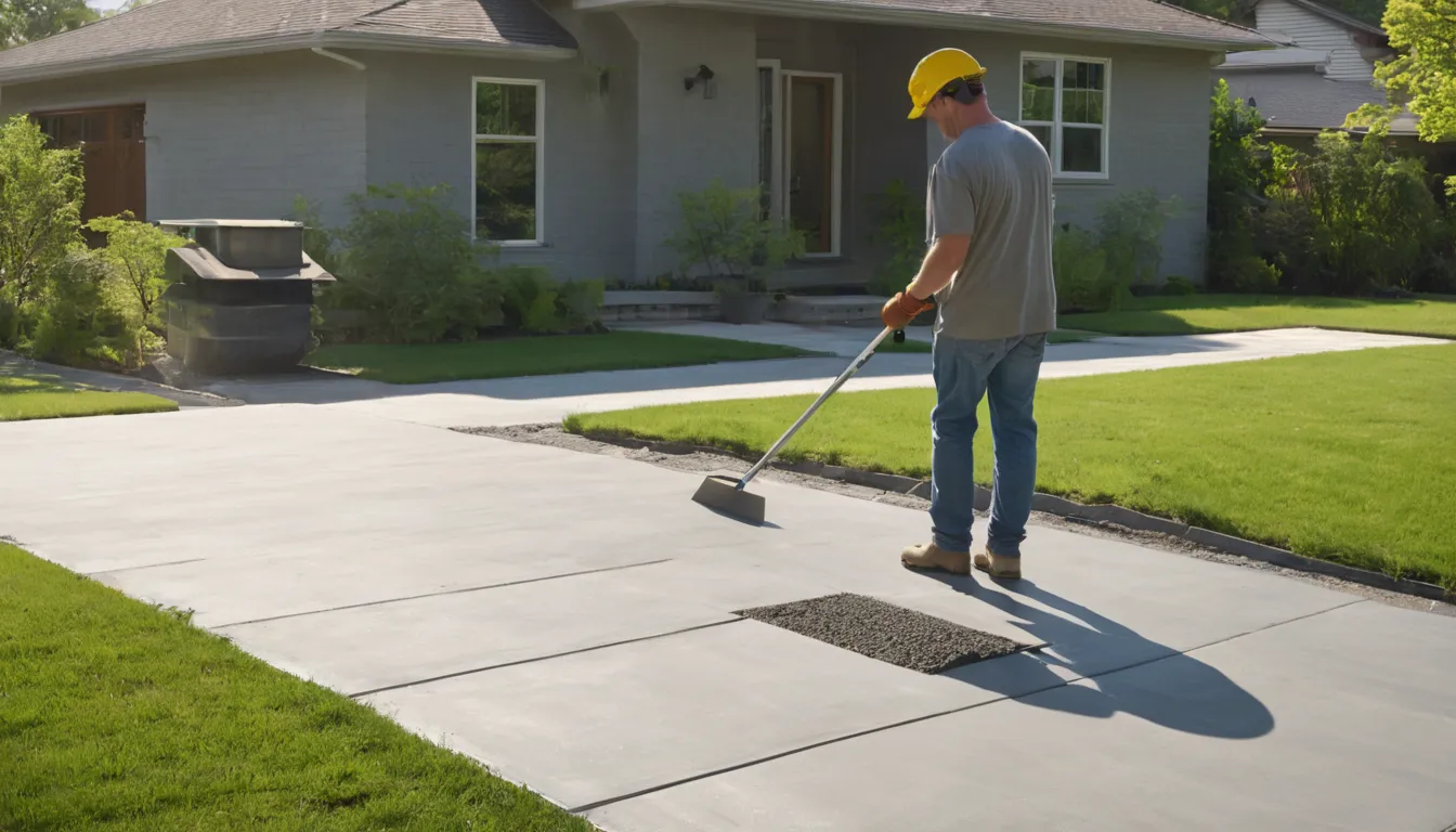 A freshly poured concrete driveway beside a brick ranch home near Salem Lakes